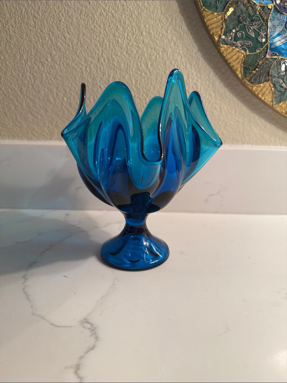 Vintage Viking Glass Pedestal Bowl Handkerchief Bluenique